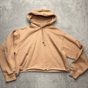 J.o&Co Cropped Hoodie Sweatshirt Peach Tan Raw Hem Drawstring Hood Size M
